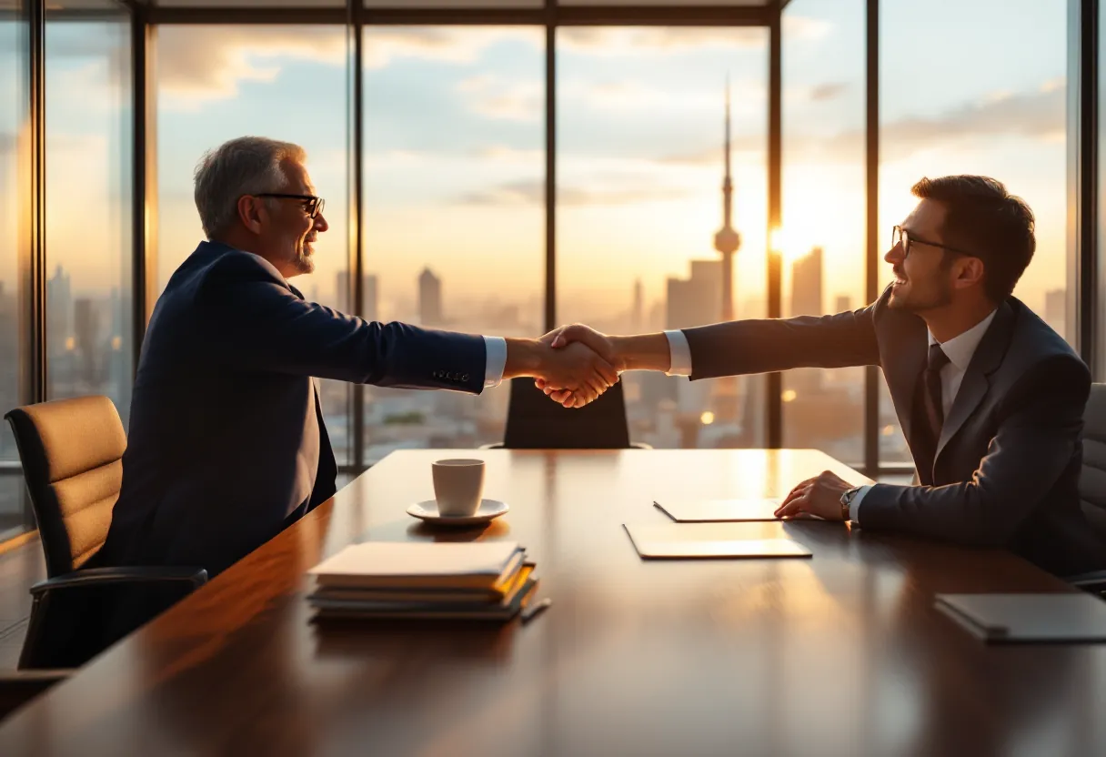 US investor and Japanese executive shaking hands in a Tokyo boardroom
