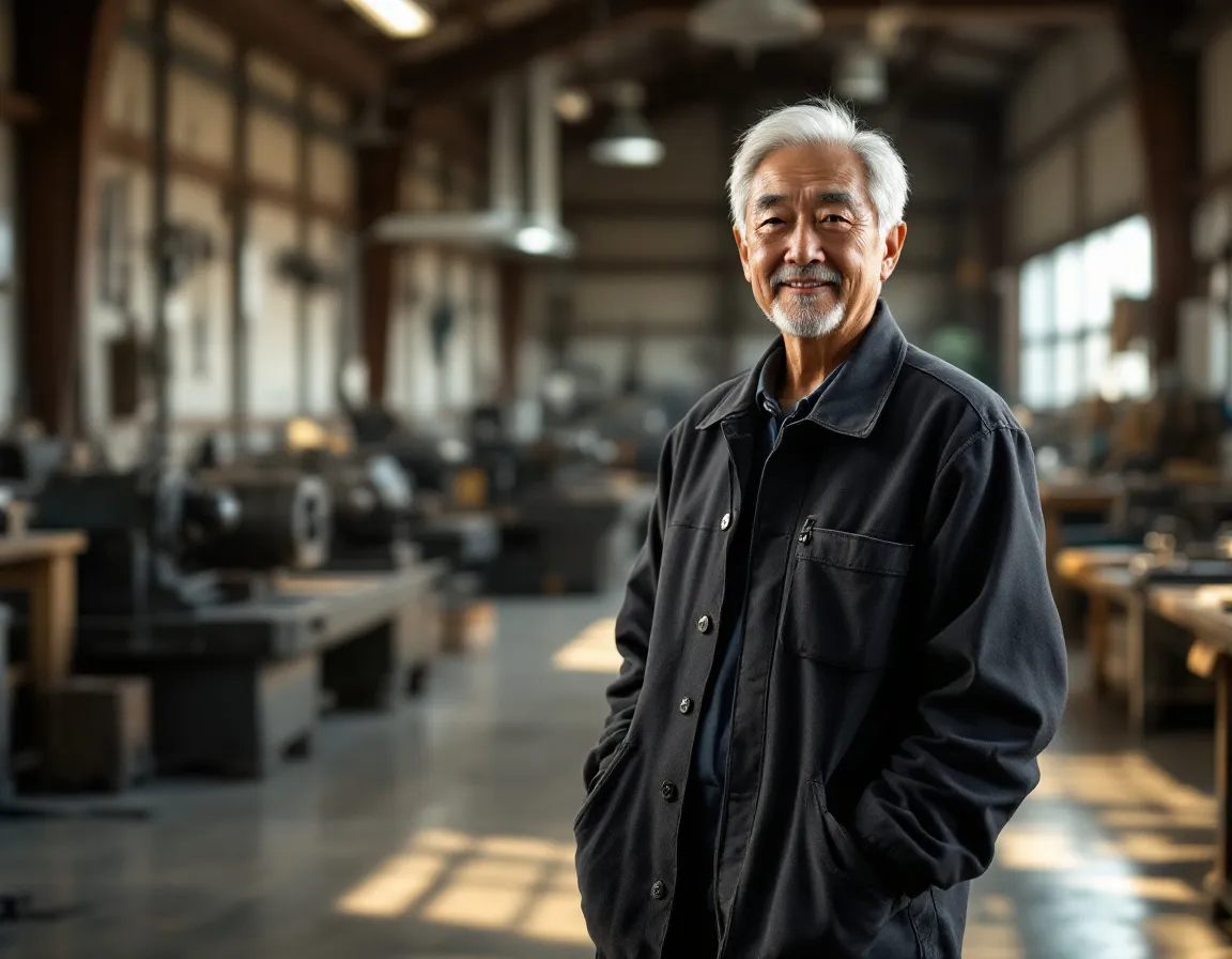 Japanese business owner on the floor of his manufacturing workshop